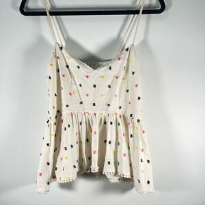 H&M Tank Top Strappy Gathered Seams Colorful Tassel Balls Women's White Camisole